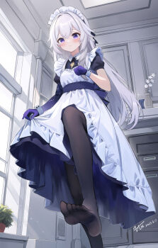 Rule 34 | 1girl, apron, artist name, asymmetrical gloves, black pantyhose, blue dress, blue gloves, blush, braid, brooch, celestia (strinova), chinese commentary, closed mouth, collared dress, colored extremities, commentary, constellation print, crossed bangs, dated, dress, dutch angle, elbow gloves, feet, foot focus, foot out of frame, from below, gloves, grey hair, hair between eyes, hair flaps, half up braid, highres, indoors, jewelry, long dress, long hair, maid, maid headdress, mismatched gloves, pantyhose, plant, potted plant, pov stomped, puffy short sleeves, puffy sleeves, purple eyes, revision, short sleeves, sidelocks, signature, soles, solo, standing, standing on one leg, star (symbol), star pendant, star print, strinova, sunlight, toes, very long hair, white apron, window, wrist cuffs, zcx