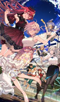 4boys 4girls arash_(fate) armlet baobhan_sith_(chaldea_satellite_station)_(fate) baobhan_sith_(fate) bare_arms bare_shoulders baseball_cap belt black_belt black_bow black_hair black_pantyhose black_shoes black_skirt blonde_hair blue_hair blue_pantyhose blue_shorts blue_sky boom_microphone bow breasts brown_pants brown_shorts building capri_pants captain_nemo_(chaldea_satellite_station)_(fate) captain_nemo_(fate) cargo_shorts chaldea_logo cloud coat_around_waist commentary_request creature crop_top dark-skinned_male dark_skin day detached_sleeves dress dress_shirt dutch_angle emiya_shirou fate/grand_order fate_(series) floral_print floral_print_skirt fou_(fate) front_slit gradient_hair green_hood green_pants hair_between_eyes hair_bow hair_over_one_eye hat high_heels holding holding_microphone holding_paper hood hood_down jacket jewelry jumping leg_up long_hair low_twintails marine_nemo_(chaldea_satellite_station)_(fate) marine_nemo_(fate) mash_kyrielight medium_breasts medium_hair microphone midair morgan_le_fay_(chaldea_satellite_station)_(fate) morgan_le_fay_(fate) multicolored_hair multiple_boys multiple_girls nemo_(fate) nozaki_tsubata official_alternate_costume official_art open_mouth outdoors pants pantyhose paper pink_bow pink_hair pointy_ears ponytail print_shoes print_skirt puffy_short_sleeves puffy_sleeves pumps purple_eyes red_dress red_hair red_shirt sailor_collar senji_muramasa_(chaldea_satellite_station)_(fate) senji_muramasa_(fate) shirt shoes short_dress short_hair short_sleeves short_twintails shorts sidelocks skirt sky sleeveless sleeveless_jacket sleeveless_shirt smile sneakers socks sunlight third-party_source three-quarter_sleeves tv_camera twintails video_camera visor_cap waist_bow white_hair white_hat white_jacket white_shirt white_shoes white_socks