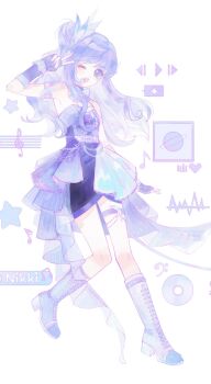 1girl absurdres ankle_socks armband asymmetrical_skirt bare_shoulders blue_boots blue_bow blue_bowtie blue_choker blunt_bangs boots bow bow_choker bowtie cd character_name chinese_commentary choker commentary_request dot_nose dress eyelashes feather_hair_ornament feathers fingerless_gloves frilled_gloves frills full_body gloves hair_intakes hair_ornament hair_ribbon happy headset high_heel_boots high_heels highres idol infinity_nikki lace-up_boots light_blush long_hair loose_hair_strand miniskirt miqingya mismatched_boots musical_note nikki_(series) one_eye_closed one_side_up open_mouth pink_armband pink_ribbon play_button pleated_skirt purple_dress purple_eyes purple_gloves purple_hair purple_skirt ribbon showgirl_skirt skirt smile socks solo standing star_(symbol) starry_nocturne_(infinity_nikki) strapless strapless_dress tachi-e tareme thigh_strap treble_clef v wavy_hair white_background white_boots