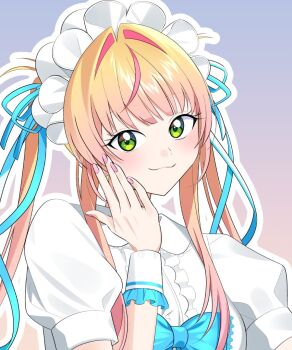 1girl :3 blonde_hair blue_background blue_bow blue_ribbon blush bow center_frills closed_mouth commentary dress frilled_wrist_cuffs frills gradient_background gradient_hair green_eyes hair_intakes hair_over_breasts hair_ribbon hand_on_own_cheek hand_on_own_face hand_up hololive long_hair looking_at_viewer maid maid_headdress momosuzu_nene momosuzu_nene_(maid) multicolored_hair nail_polish official_alternate_costume official_alternate_hairstyle pink_hair pink_nails puffy_short_sleeves puffy_sleeves ribbon shirt short_sleeves smile solo streaked_hair twintails upper_body uuoftn virtual_youtuber white_dress white_shirt wrist_cuffs