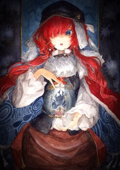 Rule 34 | 1girl, :o, black hat, black vest, blue eyes, cape, commentary request, dark background, hair over one eye, hakamori shishamo, hands up, hat, highres, hydrokinesis, long hair, looking at viewer, newsboy cap, one eye covered, painting (medium), red cape, red skirt, reverse:1999, shirt, skirt, solo, straight-on, traditional media, upper body, vest, water, watercolor (medium), white shirt, yenisei (reverse:1999)