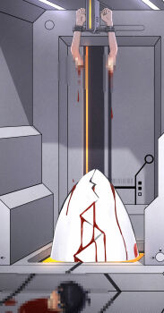 1boy ahoge amputated amputated_arm amputation amputee aola_star artist_request black_hair blue_eyes blush censored censored_face censored_identity corpse death decapitation guro highres male_focus male_hand mosaic_censoring restrained shota snuff solo stationary_restraints