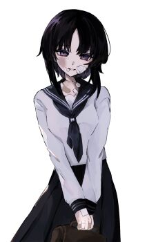 1girl bag bandaid bandaid_on_face bandaid_on_finger bandaid_on_hand bandaid_on_shoulder black_hair black_neckerchief black_sailor_collar black_skirt breasts brown_bag bruise bruise_on_face commentary_request cowboy_shot highres holding holding_bag housho_margo injury ishikimourou long_skirt long_sleeves looking_at_viewer mahou_shoujo_no_majo_saiban medium_breasts medium_hair neckerchief open_mouth parted_bangs pleated_skirt purple_eyes rope_marks sailor_collar school_bag school_uniform serafuku shirt simple_background skirt smile solo standing v_arms white_background white_shirt