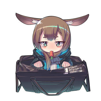 1girl absurdres amiya_(arknights) animal_ears arknights ascot black_bag black_jacket blue_ascot blue_eyes brown_hair carrot chibi chibi_only english_text hair_between_eyes highres jacket long_hair looking_at_viewer open_clothes open_jacket rabbit_ears rabbit_girl shirt simple_background solo star_pudding tearing_up white_background white_shirt