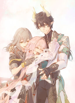 1boy 2girls absurdres black_gloves black_jacket black_pants black_shirt brown_hair closed_mouth commentary_request cowboy_shot crying dan_heng_(honkai:_star_rail) dan_heng_(permansor_terrae)_(honkai:_star_rail) dragon_boy dragon_horns evernight_(honkai:_star_rail) gloves green_eyes grey_hair group_hug hand_on_another's_back hand_on_another's_shoulder highres honkai:_star_rail honkai_(series) horns hug jacket long_hair long_sleeves looking_at_another march_7th_(honkai:_star_rail) miaooon multiple_girls open_mouth pants pink_hair pointy_ears scene_reference shirt short_hair simple_background spoilers stelle_(honkai:_star_rail) trailblazer_(honkai:_star_rail) very_long_hair yellow_eyes yellow_horns