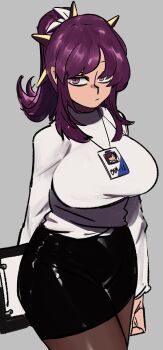 1girl absurdres arm_at_side black_skirt breasts clipboard closed_mouth diablo_(series) grey_background heroes_of_the_storm highres holding holding_clipboard large_breasts li-ming long_hair long_sleeves looking_at_viewer mano_(manobece) name_tag pantyhose pencil_skirt ponytail purple_eyes purple_hair simple_background skirt solo sweater white_sweater