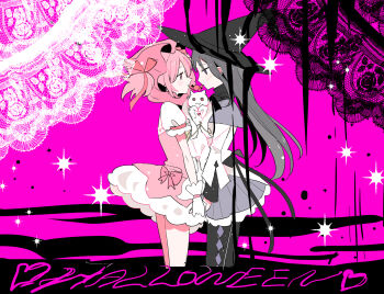 2girls akemi_homura akemi_homura_(magical_girl) black_hair black_hat black_pantyhose dress gloves grey_skirt hair_ribbon hat highres holding_hands kaname_madoka kaname_madoka_(magical_girl) kyubey lace long_hair magical_girl mahou_shoujo_madoka_magica mahou_shoujo_madoka_magica_(anime) multiple_girls pantyhose pink_dress pink_eyes pink_hair pink_ribbon pipi_o_(pipioo08) pleated_skirt purple_background purple_eyes ribbon shirt short_twintails skirt twintails white_gloves white_shirt witch_hat yuri