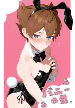 Rule 34 | 1boy, absurdres, animal ear hairband, animal ears, armpit crease, bare shoulders, black bow, black bowtie, black leotard, blue eyes, blush, border, bow, bowtie, brown hair, collarbone, cowboy shot, crossdressing, crossdressing (mtf), crossed bangs, dame!, detached collar, fake animal ears, fake tail, hair between eyes, hairband, hand up, highleg, highleg leotard, highres, leotard, looking at viewer, male focus, male playboy bunny, original, pink background, rabbit ear hairband, rabbit ears, rabbit tail, short hair, skindentation, solo, tail, trap, white border