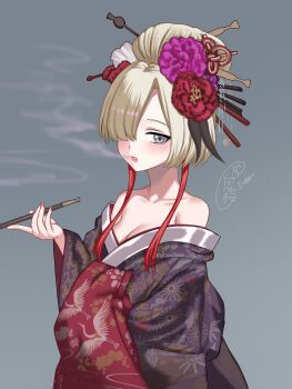 Rule 34 | 1girl, absurdres, alternate costume, bare shoulders, blonde hair, breasts, cleavage, commentary, flower, grey eyes, hair flower, hair ornament, hair stick, highres, holding, holding smoking pipe, isekaijoucho, japanese clothes, kamitsubaki studio, kimono, kiseru, kizakura art, multicolored hair, off shoulder, oiran, red hair, small breasts, smoking, smoking pipe, solo, two-tone hair, untranslatable commentary, upper body