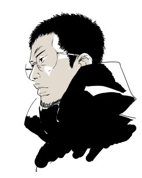 1boy absurdres commentary_request cropped_head expressionless facial_hair glasses goatee greyscale highres hood hoodie kuuchuu_yousai lips male_focus monochrome portrait profile solo ushijima_kaoru yamikin_ushijima-kun