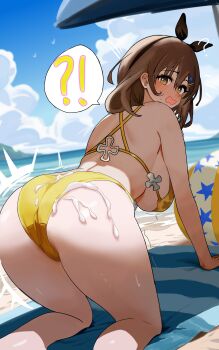 !? 1girl absurdres all_fours amadeuslight ass ass_focus atelier_(series) atelier_ryza back bare_shoulders beach beach_towel bikini bird black_bow blush bow breasts brown_eyes brown_hair cloud cloudy_sky embarrassed hair_between_eyes hair_bow hair_ornament hairclip highres large_breasts looking_back ocean on_towel open_mouth reisalin_stout seagull shade short_hair sideboob sky smile solo speech_bubble suggestive_fluid swimsuit thick_thighs thighs towel yellow_bikini