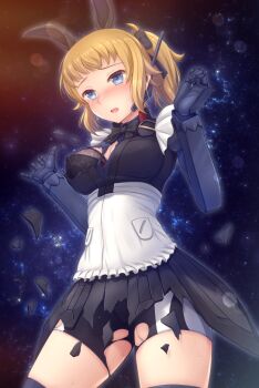 1girl apron bike_shorts black_bow black_bowtie black_bra black_dress blonde_hair blue_eyes blush bow bowtie bra breasts commentary_request commission dress gundam gundam_build_fighters gundam_build_fighters_try hair_bow hoshino_fumina mecha_musume medium_breasts ponytail ryu-akt skeb_commission solo star_(sky) super_fumina sweat torn_clothes underwear white_apron