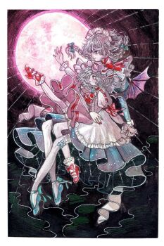 Rule 34 | 2girls, apron, ascot, bat wings, blue shoes, border, bow, braid, cloud, commentary request, frilled apron, frilled cuffs, frilled socks, frills, from side, gem, green bow, grey hair, hat, highres, izayoi sakuya, knife, maid headdress, mob cap, moon, multiple girls, night, painting (medium), pointy ears, puffy short sleeves, puffy sleeves, reaching, red ascot, red bow, red nails, red shoes, remilia scarlet, shoes, short hair, short sleeves, sky, socks, surume (surumemodoki), thighhighs, touhou, traditional media, twin braids, watercolor (medium), white border, wings