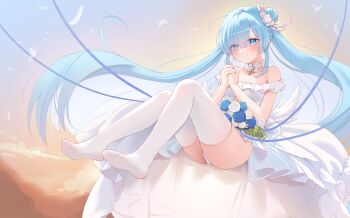 1girl absurdres azur_lane bare_shoulders blue_eyes blue_flower blue_hair blue_rose blush bouquet choker closed_mouth cloud cloudy_sky commentary_request dress eryuhe flower flower_choker frilled_dress frills full_body hair_between_eyes hair_bun hair_flower hair_ornament hair_over_one_eye highres janus_(azur_lane) janus_(oath_under_the_morning_sun)_(azur_lane) legs light_smile long_hair looking_at_viewer no_shoes official_alternate_costume own_hands_together panties rose single_hair_bun sky sleeveless sleeveless_dress solo thighhighs thighs toes underwear very_long_hair wedding_dress white_choker white_dress white_flower white_panties white_rose white_thighhighs