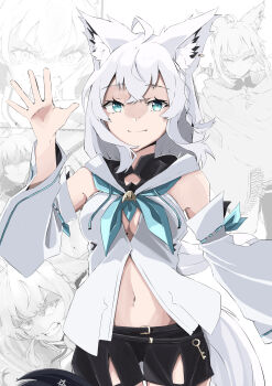 1girl absurdres ahoge animal_ear_fluff animal_ears aqua_eyes black_shorts blue_neckerchief braid breasts collage_background commentary cowboy_shot crossed_bangs detached_sleeves double-parted_bangs ear_piercing fox_ears fox_girl hand_up highres hololive hood hoodie kohiiro long_hair medium_breasts midriff navel neckerchief outstretched_hand piercing shirakami_fubuki shirakami_fubuki_(1st_costume) shorts side_braid sidelocks sketch_background solo standing very_long_hair virtual_youtuber waving white_background white_hair white_sleeves wide_sleeves