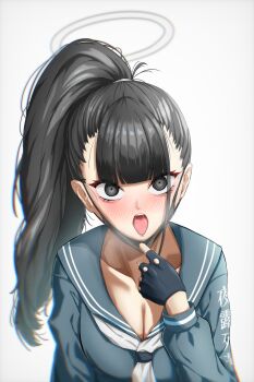 Rule 34 | 1girl, absurdres, blue archive, blush, breasts, cleavage, collarbone, commentary request, daemaron, fingerless gloves, gloves, grey eyes, grey hair, hair ornament, halo, highres, korean commentary, large breasts, long hair, long sleeves, looking at viewer, mask pull, open mouth, ponytail, puffy sleeves, saliva, school uniform, simple background, sukeban (smg) (blue archive), teeth, tongue, tongue out, upper teeth only