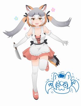 1girl animal_ears apron brown_hair choker commentary_request dress elbow_gloves extra_ears fox_ears fox_girl fox_tail full_body gloves grey_hair highres island_fox_(kemono_friends) kanihai kemono_friends kemono_friends_v_project knife long_hair looking_at_viewer ribbon shoes simple_background skirt tail thighhighs tomoegatadouki twintails virtual_youtuber yellow_eyes