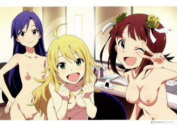 3girls ahoge amami_haruka blonde_hair blue_eyes blue_hair breasts brown_eyes brown_hair cleavage cleft_of_venus completely_nude gloves green_eyes happy highres hoshii_miki idolmaster idolmaster_(classic) kisaragi_chihaya leaning_forward long_hair medium_breasts multiple_girls nipples nude nude_filter one_eye_closed pussy short_hair small_breasts smile tanaka_yuusuke third-party_edit v wink