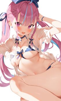 1girl ahoge alternate_costume bikini blue_bikini blue_choker blue_hair blunt_bangs blush braid breasts choker collarbone colored_inner_hair commentary drill ear_piercing fang fanged_bangs french_braid frilled_bikini frills front-tie_bikini_top front-tie_top hair_ribbon half_updo hand_up highres hololive knees_up large_breasts long_hair looking_at_viewer lying micro_bikini midriff minato_aqua multicolored_hair navel on_side open_clothes open_mouth open_shirt piercing purple_eyes purple_hair ribbon saki_(saki_paint) see-through_clothes see-through_shirt shirt short_sleeves sidelocks simple_background skin_fang solo streaked_hair swimsuit twintails two-tone_hair virtual_youtuber white_background white_shirt wrist_straps