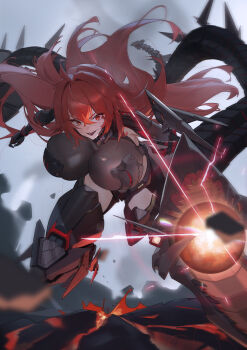 1girl absurdres arm_armor armored_bodysuit armored_leotard armpits bodystocking breasts goddess_of_victory:_nikke highres large_breasts leotard muxia_jinlong nihilister_(nikke) red_hair rigging see-through_cleavage see-through_clothes solo thighs torn_bodystocking torn_clothes