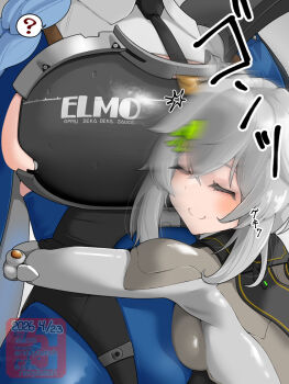 2girls ? android artist_logo black_necktie blue_hair blue_skirt bluesky_username boobplate bow braid breastplate breasts buckle closed_eyes closed_mouth collared_shirt collision commentary_request cowboy_shot crop_top crossed_bangs dated dp-12_(girls'_frontline) dushevnaya_(girls'_frontline_2) girls'_frontline girls'_frontline_2:_exilium green_bow grey_hair hair_between_eyes hair_over_shoulder head_out_of_frame helen_(girls'_frontline_2) high-waist_skirt highres hug joints ksvk_(girls'_frontline) large_breasts logo long_hair mechabare mechanical_arms medium_breasts medium_hair mother_and_child mother_and_daughter motion_blur multiple_girls necktie neoyamah parent_and_child pixiv_id robot_joints romaji_text shirt sidelocks skirt snap-fit_buckle spoken_question_mark twitter_username upper_body white_shirt