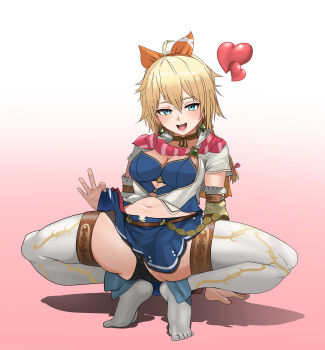 1girl absurdres black_panties blonde_hair breasts cat_(saga) choker cleavage clothes_lift commentary_request earrings feet full_body highres jewelry looking_at_viewer midriff minami_no_uo-za navel open_mouth panties romancing_saga_2 saga seductive_smile skirt skirt_lift smile solo spread_legs squatting standing standing_on_one_leg tiptoes toes underwear