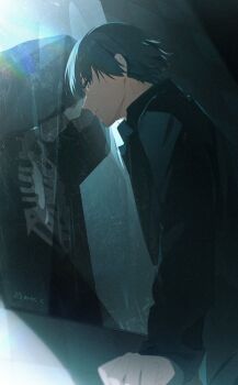 1boy black_hair black_jacket blue_eyes character_request chinese_commentary commentary_request different_reflection fate/strange_fake fate_(series) from_below highres indoors jacket looking_ahead male_focus mirror partial_commentary reflection rhg_g short_hair skeleton solo tile_wall tiles upper_body