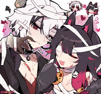 2girls animal_ears arlecchino_(genshin_impact) artist_name bandage_on_hair bandaged_chest bandaged_head bandages black_choker black_coat black_eyes blood blood_from_mouth blood_on_clothes blood_on_face blood_on_hands chibi chinese_commentary choker closed_eyes closed_mouth coat collarbone colored_skin columbina_(genshin_impact) cosplay couple fake_animal_ears frankenstein&#039;s_monster frankenstein&#039;s_monster_(cosplay) genshin_impact gradient_skin hair_between_eyes hair_ornament halloween halloween_costume happy head_tilt heads_together heart highres kyou_039 leaning_forward leaning_on_person leaning_to_the_side lofter_username multicolored_eyes multicolored_hair multicolored_skin multiple_girls mummy mummy_costume object_through_head open_clothes open_coat open_mouth purple_hair red_pupils screw_in_head sidelocks smile stitched_chest stitched_face stitched_neck stitches streaked_hair symbol-shaped_pupils two-tone_hair two-tone_skin upper_body wolf_ears wolf_paws x-shaped_pupils x_x yuri