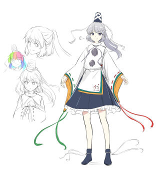 1girl blue_skirt commentary_request frilled_skirt frills grey_eyes grey_hair hat highres japanese_clothes kachuten kariginu long_hair long_sleeves looking_at_viewer mononobe_no_futo multiple_views pom_pom_(clothes) ponytail puff_of_air ribbon-trimmed_sleeves ribbon_trim sketch skirt smile tate_eboshi touhou wide_sleeves