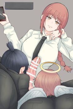 Rule 34 | 1futa, 2boys, angel devil (chainsaw man), ass, bar censor, black hair, black necktie, braid, braided ponytail, breasts, cellphone, censored, chainsaw man, closed mouth, commission, cooperative fellatio, erection, fellatio, femdom, formal clothes, from behind, futa with male, futa with male, futanari, halo, hayakawa aki, highres, holding, holding phone, large breasts, large penis, long hair, long sleeves, makima (chainsaw man), medium breasts, mmd threesome, multiple boys, necktie, oral, penis, phone, red hair, shirt, skeb commission, smartphone, smile, suit, teamwork (sexual), threesome, white shirt, yuyumaru aikichi