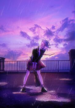 1girl absurdres bang_dream! bang_dream!_it's_mygo!!!!! black_jacket blue_eyes chinese_commentary commentary_request floating_neckwear haneoka_school_uniform hero45439083942 heterochromia highres jacket looking_at_viewer medium_hair necktie open_mouth original outdoors purple_necktie purple_skirt rain red_eyes school_uniform skirt solo standing takamatsu_shizuku
