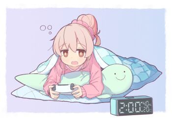 Rule 34 | alarm clock, clock, commentary request, controller, futon, game controller, hair bun, hair ornament, hair scrunchie, highres, long hair, long sleeves, lying, on stomach, onii-chan wa oshimai!, oyama mahiro, pillow, pink shirt, scrunchie, shirt, simple background, squeans, tsubatya, under covers