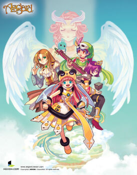 :d angel_wings animal_ears ankle_cuffs aqua_background aqua_eyes aqua_gemstone arm_cuffs armlet ascot asgard bare_arms bf._(sogogiching) black_buruma black_leggings blonde_hair blue_hair blunt_ends breasts buruma center_frills choker closed_mouth cloud company_name copyright_name copyright_notice cube curly_hair dress fake_animal_ears feathered_wings feathers flats floating floating_object frilled_shirt frills full_body gem gold_armlet gold_collar gold_tiara green_eyes green_hat green_scarf hair_intakes hat hat_feather high_heels instrument_request jewelry leggings long_hair looking_at_viewer mask mask_on_head masquerade_mask medium_breasts medium_dress nexon official_art open_hand open_mouth panda_ears panda_hat pink_feathers pink_hair profile puffy_short_sleeves puffy_sleeves pumps purple_hair red_choker red_eyes red_shoes rerebrace scarf second-party_source shirt shoes short_hair short_sleeves silver_armor smile tiara turtleneck turtleneck_dress vambraces very_long_hair watermark web_address white_ascot white_dress white_mask white_wings winged_clothes wings wrist_cuffs yellow_feathers yellow_hat yellow_shirt yellow_shoes zither