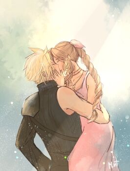 1boy 1girl aerith_gainsborough arm_around_back armor artist_name black_sleeves black_vest blonde_hair braid braided_ponytail brown_hair choker closed_eyes cloud_strife couple dress final_fantasy final_fantasy_vii final_fantasy_vii_advent_children final_fantasy_vii_rebirth final_fantasy_vii_remake flower_choker hair_ribbon hand_on_another&#039;s_cheek hand_on_another&#039;s_face hetero highres kiss long_dress long_hair papermint_tea parted_bangs pauldrons pink_dress pink_ribbon ribbon short_hair shoulder_armor sidelocks single_bare_shoulder single_braid single_pauldron single_sleeve sleeveless sleeveless_dress spiked_hair upper_body vest