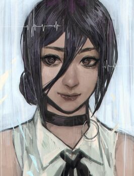 1girl black_choker black_hair black_ribbon brown_eyes chainsaw_man choker closed_mouth grenade_pin hair_bun highres neck_ribbon rain reze_(chainsaw_man) ribbon shirt sleeveless sleeveless_shirt solo subakeye white_shirt