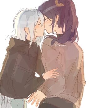 2girls asahina_mafuyu black_hoodie brown_sweater closed_eyes closed_mouth commentary english_commentary hand_on_another's_arm highres hood hoodie imminent_kiss jimmy1516789 long_hair multiple_girls open_mouth ponytail project_sekai purple_hair simple_background sweater twitter_username white_background white_hair yoisaki_kanade yuri