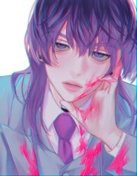 Rule 34 | 1boy, blood, blood on cheek, blood on clothes, blood on face, blood on hands, blue jacket, blue suit, blue vest, collared shirt, ear piercing, expressionless, formal, gusamo, haitani rindou, hand up, head rest, highres, jacket, leaning forward, light blush, looking at viewer, male focus, medium hair, neck tattoo, necktie, piercing, pink blood, portrait, purple eyes, purple hair, purple necktie, sanpaku, shirt, simple background, solo, suit, tattoo, tokyo revengers, vest, white shirt, wolf cut