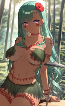 1girl absurdres alternate_costume alternate_skin_color bikini bracelet breasts breasts_apart closed_mouth collarbone commentary commission cowboy_shot day dot_nose fish flower green_hair hair_behind_ear hair_flower hair_ornament hibiscus highres jewelry large_breasts leaf_bikini leaf_skirt long_hair looking_at_viewer mole mole_on_breast nature navel nikichiho outdoors palm_leaf polearm purple_eyes red_flower sitting skeb_commission smile solo stomach swimsuit tan tattoo thighs toned toned_female tribal_tattoo trident underboob very_long_hair virtual_youtuber vspo! wavy_hair weapon yakumo_beni