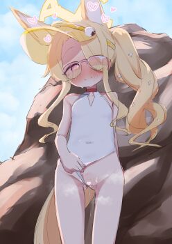 1girl absurdres animal_ears bad_tag blonde_hair blue_archive blush cap censored clothing_aside da_(hwss2287) female_focus fox_ears fox_girl fox_tail halo heart heart_censor highres jacket loli long_hair looking_at_viewer one-piece_swimsuit open_clothes open_jacket pink_eyes ponytail seia_(blue_archive) seia_(swimsuit)_(blue_archive) side_ponytail smile solo standing sunglasses swimsuit swimsuit_aside tail thighs visor_cap white_swimsuit yellow_jacket