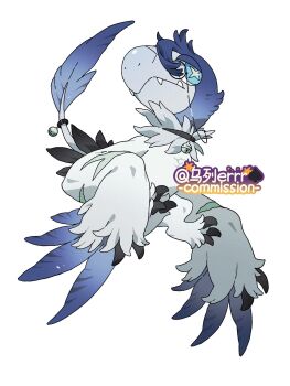 alternate_color alternate_shiny_pokemon animal_focus archen beak bell bird blue_eyes blue_feathers claws closed_mouth collar fangs feathers full_body gen_5_pokemon highres jingle_bell looking_at_viewer nintendo no_humans pokemon pokemon_(creature) pokemon_focus simple_background solo standing symbol-shaped_pupils white_background white_fur wulie_errr x-shaped_pupils
