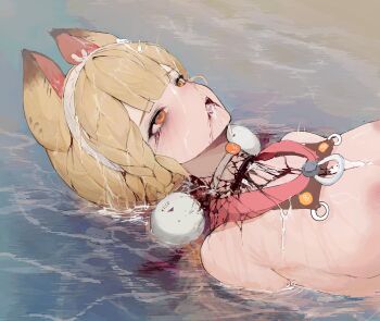 1girl absurdres alice_thymefield animal_ears blonde_hair blood blud_spine breasts commentary_request corpse cum cum_on_body cum_on_hair decapitation facial guro highres korean_commentary long_hair lying nipples on_back open_mouth orange_eyes rabbit_ears rabbit_girl solo upper_body water zenless_zone_zero