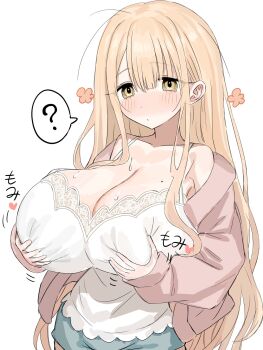 1girl ? armpit_crease bfmelu blonde_hair blue_shorts blush breasts camisole cleavage closed_mouth collarbone dot_mouth dot_nose grabbing_own_breast hair_between_eyes heart highres jacket lace-trimmed_camisole lace_trim large_breasts long_hair mole mole_on_breast original pink_jacket shorts simple_background solo spoken_question_mark sweat upper_body very_long_hair white_background white_camisole yellow_eyes