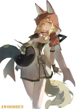 Rule 34 | 1girl, absurdres, animal ears, arknights, arknights: endfield, artist name, awoodden, belt pouch, blonde hair, capelet, cloak, commentary, corset, dress, english commentary, facing viewer, fingerless gloves, gloves, highres, hood, hood up, light blush, looking to the side, medium hair, open mouth, pantyhose, pouch, red eyes, rossi (arknights), simple background, solo, tail, twintails, white background, white dress, white pantyhose, wolf ears, wolf girl, wolf tail