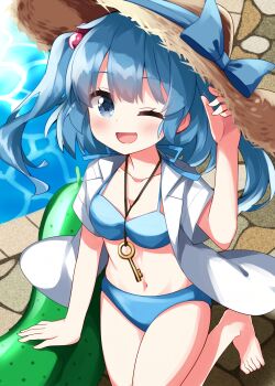 1girl between_breasts bikini blue_bikini breasts collarbone commentary_request hat highres jewelry kawashiro_nitori key key_necklace looking_at_viewer necklace one_eye_closed open_mouth outdoors pool ruu_(tksymkw) smile solo straw_hat swimsuit touhou two_side_up