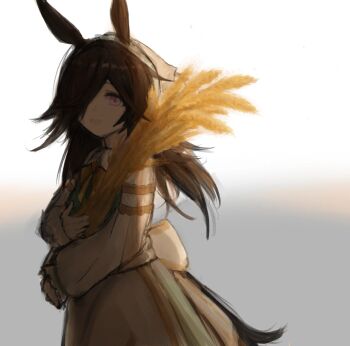 Rule 34 | 1girl, animal ears, blue eyes, bow, bowtie, brown hair, grey skirt, hair over one eye, headscarf, highres, holding wheat, horse ears, horse girl, horse tail, long bangs, long hair, long sleeves, looking at viewer, open mouth, paozu, rice shower (umamusume), shirt, skirt, smile, solo, tail, umamusume, white headscarf, white shirt, yellow bow, yellow bowtie