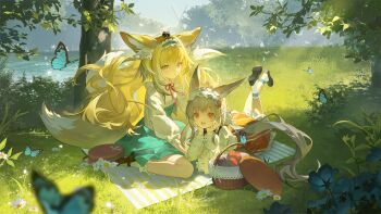 2girls animal_ear_fluff animal_ears apple aqua_dress aqua_flower arknights arm_support black_footwear blonde_hair brown_footwear bug butterfly chamomile commentary creature creature_on_head day dress flower food forest fox_ears fox_girl fox_tail frilled_socks frills fruit grass grey_hair hair_ribbon heixiu highres insect long_hair long_sleeves looking_at_viewer luo_xiaohei_zhanji lying maid_headdress maipianvale multiple_girls multiple_tails nature neck_ribbon official_alternate_costume on_stomach open_mouth outdoors picnic picnic_basket rabbit_ears rabbit_girl red_eyes red_ribbon ribbon shirt sidelocks signature sitting socks suzuran_(arknights) suzuran_(spring_praise)_(arknights) tail teeth tree upper_teeth_only very_long_hair wariza warmy_(arknights) white_flower white_ribbon white_shirt white_socks windmill yellow_eyes