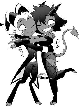 1boy 1girl ;) ;d absurdres bare_shoulders buttons cheek-to-cheek closed_mouth coat colored_skin commentary_request couple demon_boy demon_girl demon_horns demon_tail double-parted_bangs eye_contact fewer_digits fingerless_gloves freckles full_body gloves greyscale grin hair_between_eyes halftone hand_on_another&#039;s_shoulder hand_on_another&#039;s_waist heads_together heart hellaverse helluva_boss highres horns husband_and_wife knees_together_feet_apart legs_apart long_sleeves looking_at_another menma_(enaic31) millie_(helluva_boss) monochrome moxxie_(helluva_boss) multicolored_horns off-shoulder_shirt off_shoulder one_eye_closed open_mouth outstretched_arms pants raised_eyebrows shirt short_hair short_sleeves signature simple_background smile standing standing_on_one_leg striped_horns tail toes torn_clothes torn_pants two-tone_horns very_short_hair white_background