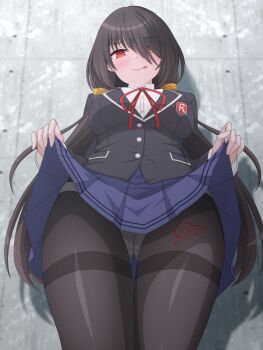 1girl absurdres black_vest blue_skirt breasts clothes_lift commentary_request date_a_live dated_commentary from_behind heterochromia highres large_breasts licking_lips lifting_own_clothes long_hair looking_at_viewer otozato_yomi panties panties_under_pantyhose pantyhose raizen_high_school_uniform red_eyes school_uniform skirt skirt_lift solo tokisaki_kurumi tongue tongue_out twintails underwear very_long_hair vest white_panties yellow_eyes