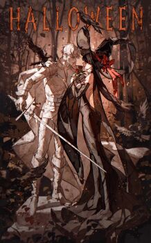 1boy 1girl animal animal_on_head animal_on_shoulder armor bare_shoulders bird bird_on_head bird_on_shoulder black_bird black_boots black_dress black_hat boots bow breasts cape chaoxibumian commentary detached_sleeves dress english_commentary flower forest full_body halloween halloween_costume hat hat_bow highres holding holding_sword holding_weapon long_dress long_hair medium_breasts nature on_head parted_bangs red_bow red_flower short_hair shoulder_armor spy_x_family statue sword twilight_(spy_x_family) weapon wide_sleeves witch witch_hat yor_briar