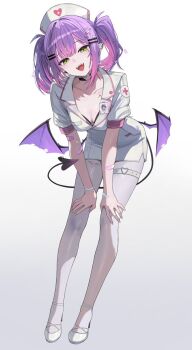 1girl :d alternate_costume alternate_hairstyle black_bra bra bra_peek breasts cleavage commentary demon_girl demon_tail demon_wings dress earrings fangs full_body gradient_hair green_eyes hair_ornament hairclip hashtag-only_commentary hat heart heart_o-ring high_heels highres hololive id_card jewelry kkato leaning_forward looking_at_viewer low_wings medium_breasts medium_hair multicolored_hair nurse nurse_cap nurse_dress o-ring o-ring_thigh_strap open_mouth pantyhose parallel_hairclips piercing pink_hair pointy_ears puffy_short_sleeves puffy_sleeves purple_hair shoes short_dress short_sleeves smile solo spiked_ear_piercing strappy_heels tail tail_ornament tail_piercing thigh_strap tokoyami_towa twintails underwear virtual_youtuber white_dress white_pantyhose white_shoes wings